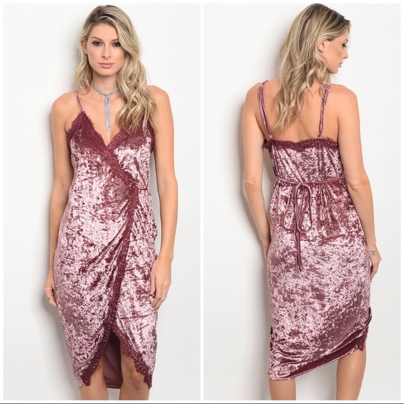 Dress Midi Crushed Velvet Lace Bohemian Wrap Pink Sizes S M - Picture 1 of 4
